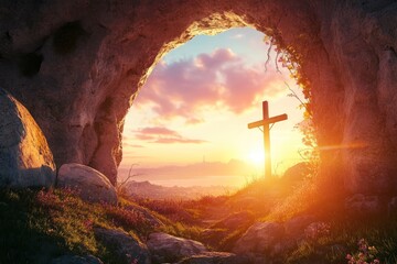 Empty Tomb With Crucifixion At Sunrise - Resurrection Concept , ai