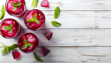 delicious refreshing drinks of beets on white table