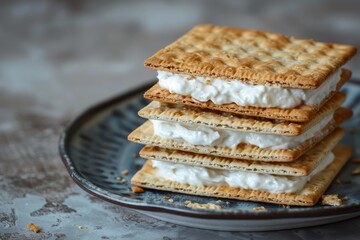 Canvas Print - Delicious creamfilled biscuits stacked on a plate with crumbs, perfect for snacking