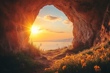 Wall Mural - Jesus Christ Resurrection, Christian Easter Background. Empty tomb, resurrection Sunday, ai