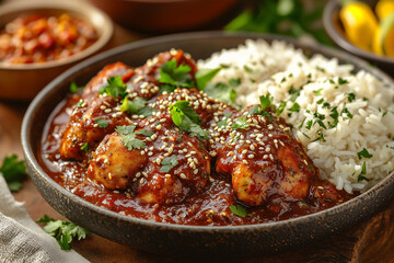 rich mole poblano sauce over grilled chicken served with rice and pickled onions garnished with sesame seeds