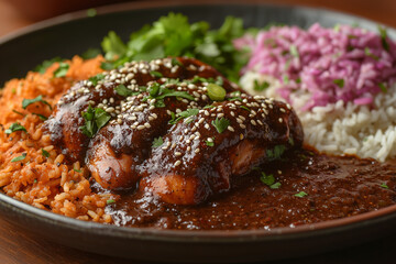 Wall Mural - grilled chicken in mole poblano sauce with rice and pickled onions garnished with fresh cilantro and sesame seeds