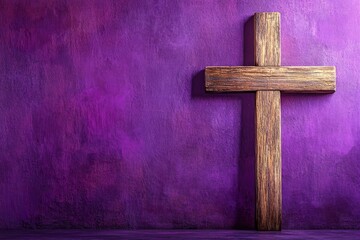 Poster - Lent Season,Holy Week and Good Friday concepts - photo of wooden cross in purple vintage background , ai