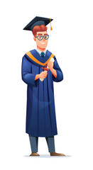 Wall Mural - Male graduate holding diploma, wearing academic cap and gown, smiling confidently. Vector cartoon character illustration