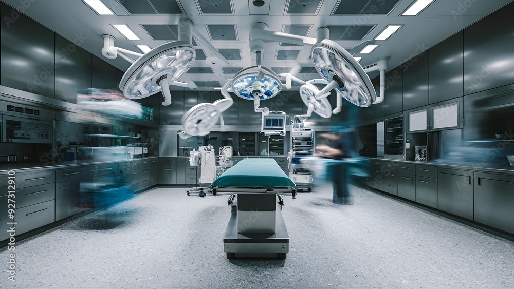 A modern operating room, with sleek equipment and sterile surfaces ...