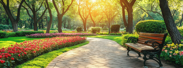 Canvas Print - A park with a path and a bench