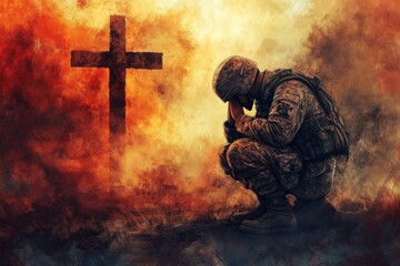 Powerful faith! Christian soldier kneels in prayer, cross looming in the backdrop. Embrace divine strength with this captivating digital painting , ai