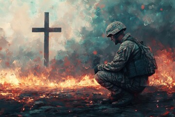 Powerful faith! Christian soldier kneels in prayer, cross looming in the backdrop. Embrace divine strength with this captivating digital painting , ai