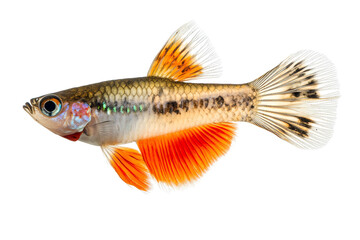 Close-up of a vibrant guppy fish with striking colors, showcasing its beautiful fins and delicate features in a natural pose.