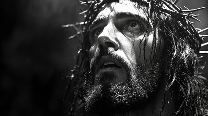 Wall Mural - Black and White Portrait of Jesus Wearing Crown of Thorns