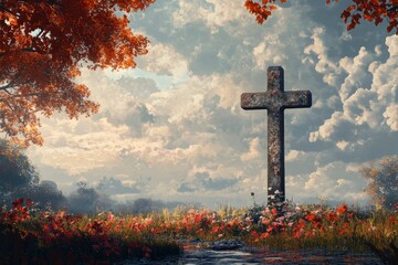 Religious representation with cross and nature landscape background , ai