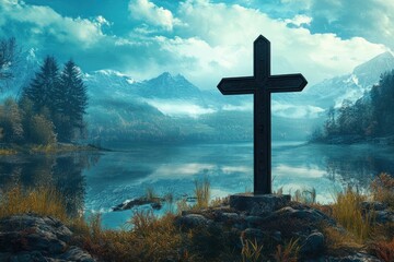 Religious representation with cross and nature landscape background , ai