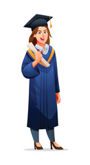 Wall Mural - Female graduate holding diploma, smiling in cap and gown, expressing pride. Vector cartoon character illustration