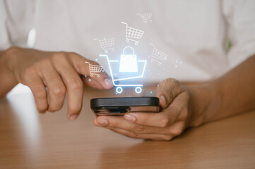 Aufkleber - Online shopping, E-commerce and digital marketing concept. person using a smartphone to make an online purchase, with digital shopping icons in the background.