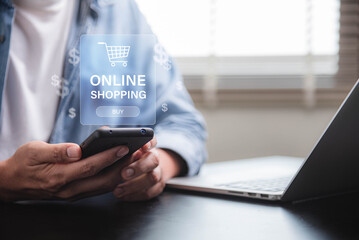 Aufkleber - Online shopping, E-commerce and digital marketing concept. person using a smartphone to make an online purchase, with digital shopping icons in the background.