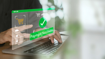 Aufkleber - Shopping and online payment concept. person interacting with a laptop screen showing a successful online payment confirmation, highlighting a digital shopping interface.