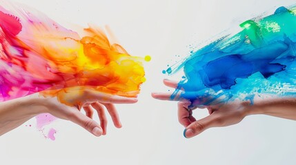 Two hands with colorful abstract paint reaching out towards each other on a white background.