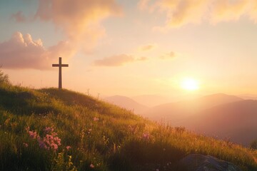 Serene Sunrise Behind Cross on Hill, Spiritual Awakening Concept , ai