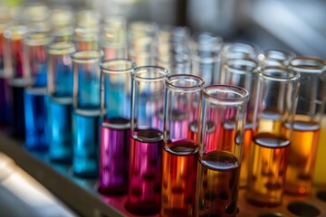 Sticker - colorful chemicals in test tubes backlit with natural light in a science lab