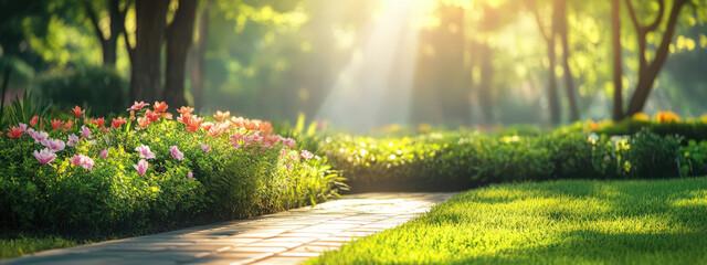 Sticker - A path in a park with a brick walkway and a lush green lawn