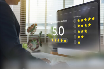 person reviews a perfect 5-star customer rating on a computer monitor, emphasizing online feedback and customer satisfaction. testimonial and testimony, user comment and feedback for review.