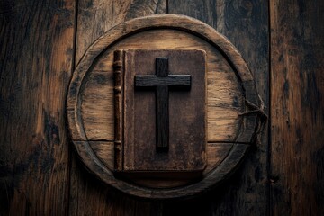 Wall Mural - The Cross with old Bible lay on wooden plate, christian concept , ai