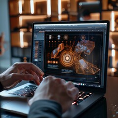 Hands typing on laptop with futuristic graphic design on the screen.