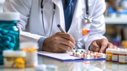 Doctor's hand writing prescription with pills and a stethoscope on the table.