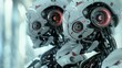 © hamzahalderad - Close-up of two futuristic robots with intricate mechanical details. The robots are white with red accents, and their heads are turned to the side.