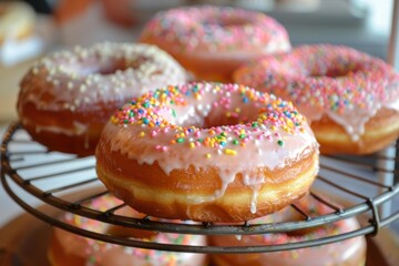 Poster - Pink glazed donuts with colorful sprinkles on a wire rack, indicating a delightful homemade treat