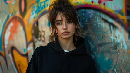 Wall Mural - Portrait of a beautiful woman in a black sweatshirt against the background of a bright wall covered with graffiti. A young woman walks at sunset. Concept of walking, style.