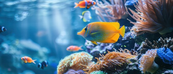 Orange fish and corals in a bright underwater environment, clear blue waters.