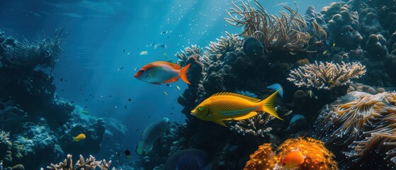 Wall Mural - Orange fish and corals in a bright underwater environment, clear blue waters.