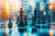 © Tee - Close-up of chess pieces on a chessboard with a blurred city background, symbolizing strategy and competition in a modern setting.