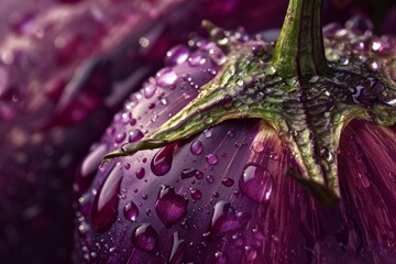 Poster - Macro shot of dew on the vibrant petals of a purple flower with a softfocus background