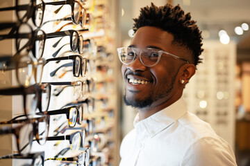 Wall Mural - Customer trying on various eyeglasses at an optical shop, surrounded by a wide selection of frames