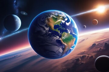 Wall Mural - High Quality 3D Earth Illustration Realistic Digital Space Art Journey Through Atmosphere and Galaxy