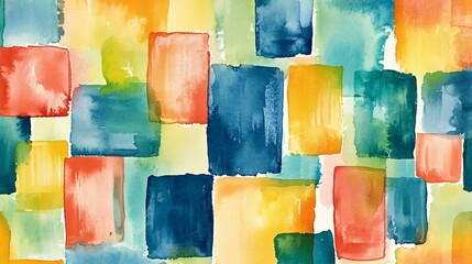 A vibrant watercolor background with a playful mix of yellow, orange, and green shapes, including cubes and patterns, evoking a sweet and artistic feel