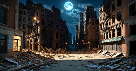 abandoned town city buildings on a street at night. post apocalyptic wasteland ruins aftermath, rubble, and debris.