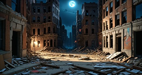 abandoned town city buildings on a street at night. post apocalyptic wasteland ruins aftermath, rubb
