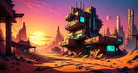 Wall Mural - cyberpunk desert wasteland city sunset. post apocalyptic sci-fi lo-fi town futuristic buildings and skyscrapers. landscape with mountains in horizon.