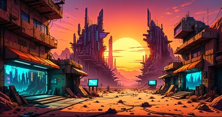 Wall Mural - cyberpunk desert wasteland city sunset. post apocalyptic sci-fi lo-fi town futuristic buildings and skyscrapers. landscape with mountains in horizon.