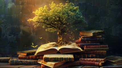 Tree grows from old books in an old library. Conceptual basis of history, education, antiquity, literature.