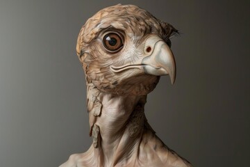 Surreal humanbird hybrid portrait showcasing imaginative blending of human and bird features in a digital photomanipulation. Creating a bizarre and enigmatic character with feathers. Beak