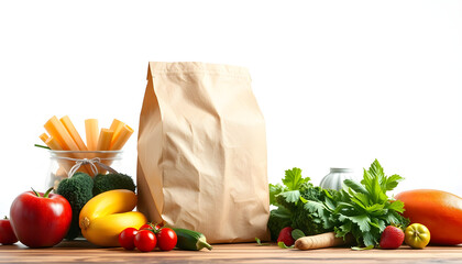 Full paper bag healthy food white background Healthy eating background isolated with white highlights, png