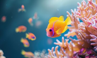 Wall Mural - Orange fish and corals in a bright underwater environment, clear blue waters.