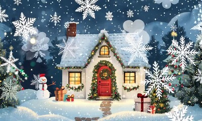 Wall Mural - A house with a snow covered roof and a snowman in front of it. The house is decorated with Christmas lights and presents