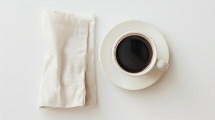 Steaming coffee cup on white table with folded napkin, inviting scene for morning pick-me-up or relaxing break. Rich aroma promises warm, tasty experience