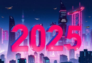 3D rendering of the text '2025' in a futuristic cityscape, illuminated by neon lights, surrounded by tall skyscrapers and flying vehicles, with a clear night sky in the background., ai