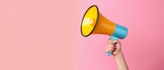 A hand holds a brightly colored megaphone against a two-tone pink backdrop, symbolizing the power of voice and communication.